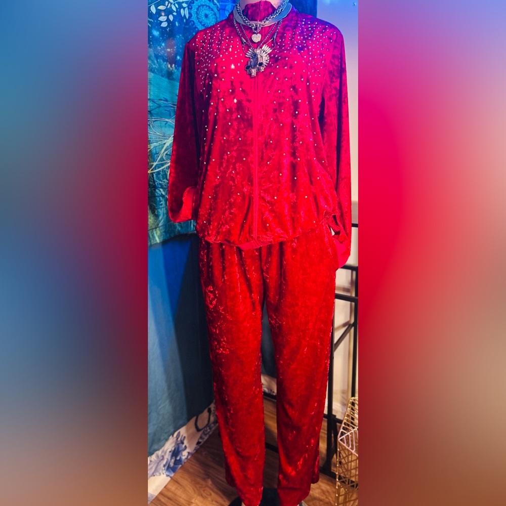 Essentials Red Velour Track Pants & JacketSet with Rhinestone Embellishments